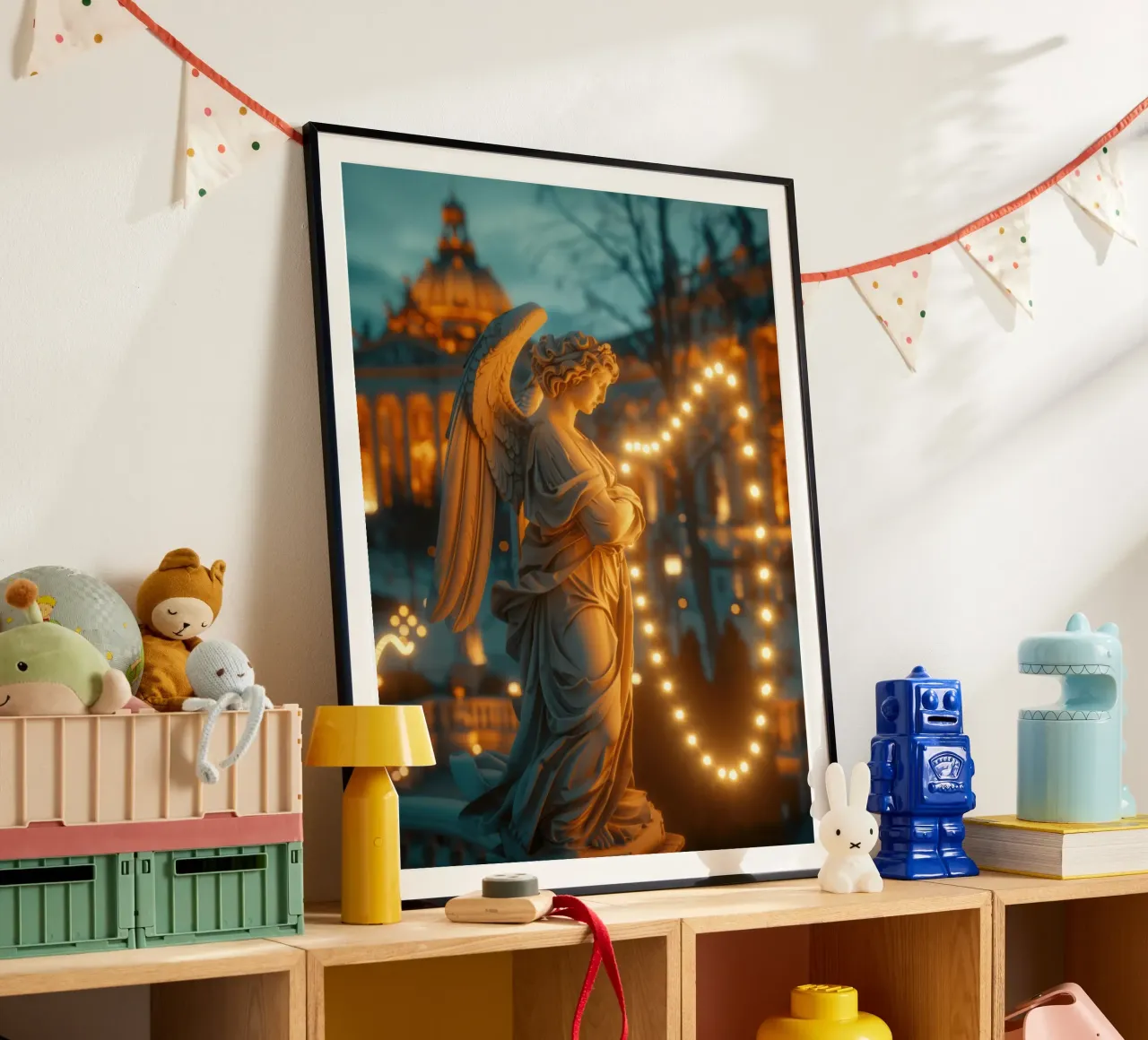 Angelo di Natale con luci fiabesche poster con telaio in legno da Autofocus
