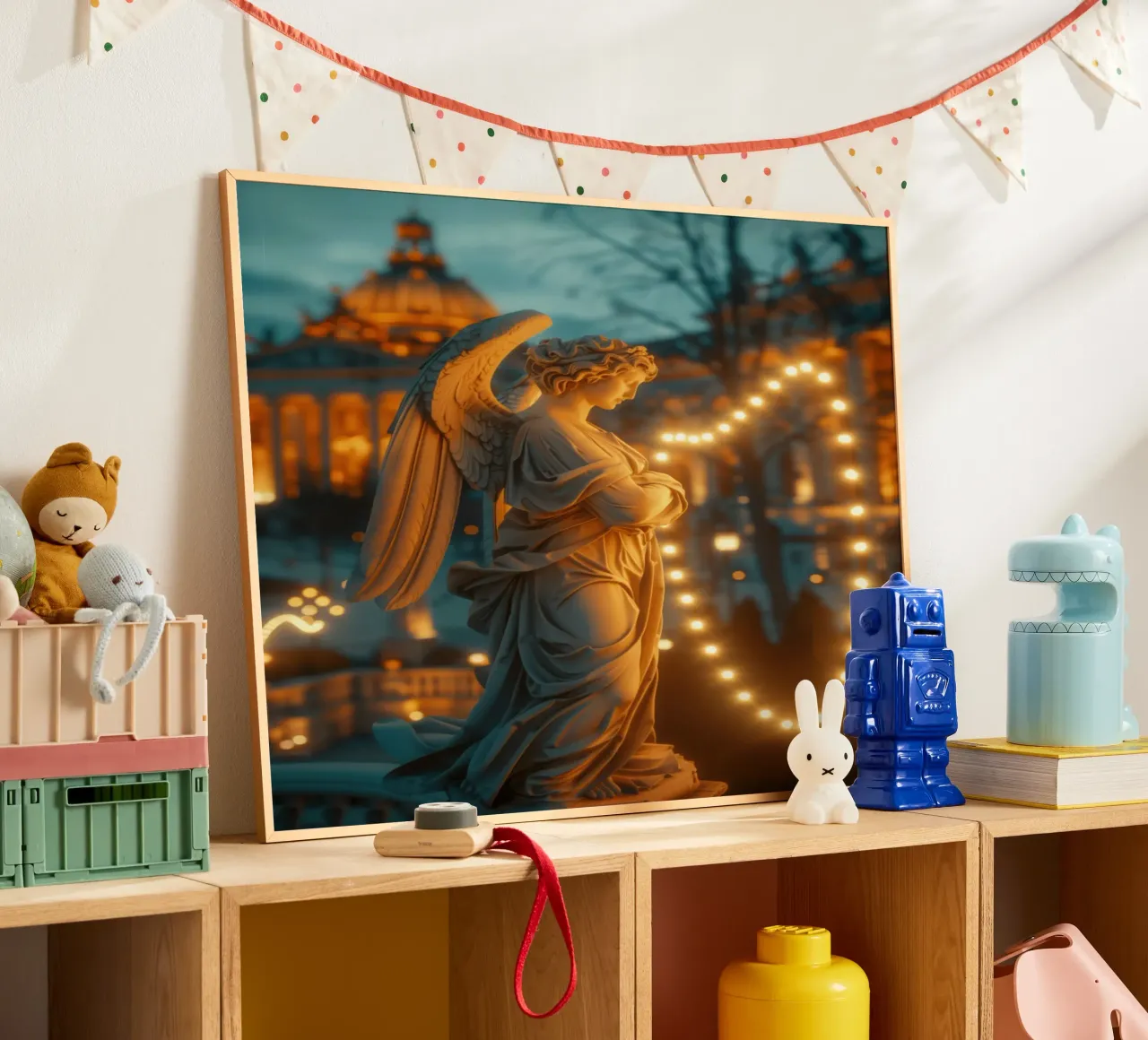 Angelo di Natale con luci fiabesche poster con telaio in legno da Autofocus