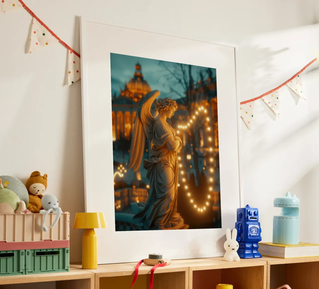 Angelo di Natale con luci fiabesche poster con telaio in legno da Autofocus