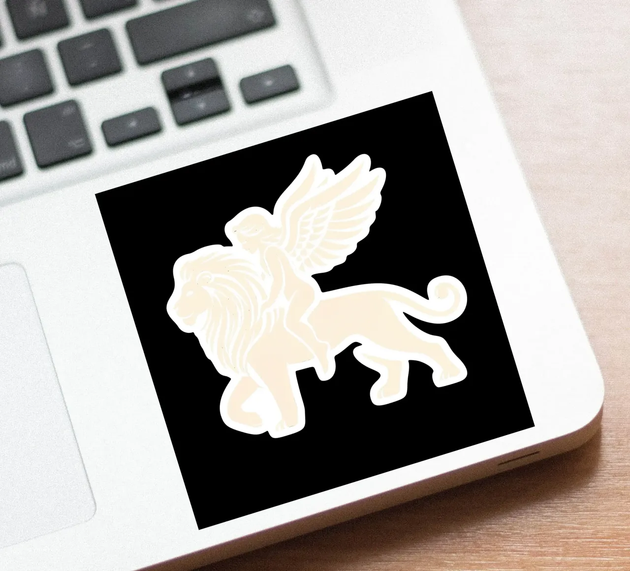 Stylised angel riding a lion sticker by Autofocus