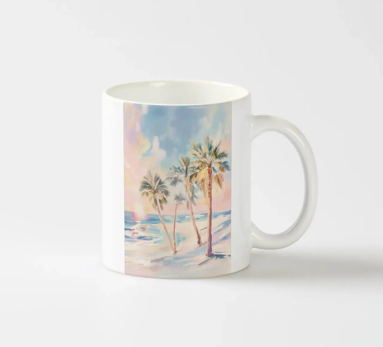 Albero di cocco della spiaggia del tramonto tazza in ceramica da Melloi Art Print