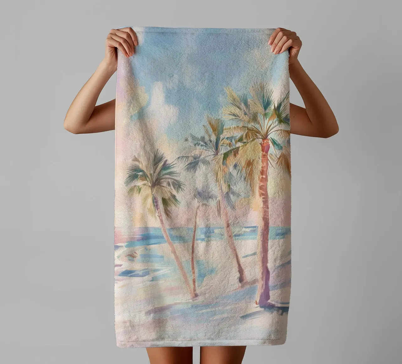 Sunset Beach Coconut Tree towel by Melloi Art Print
