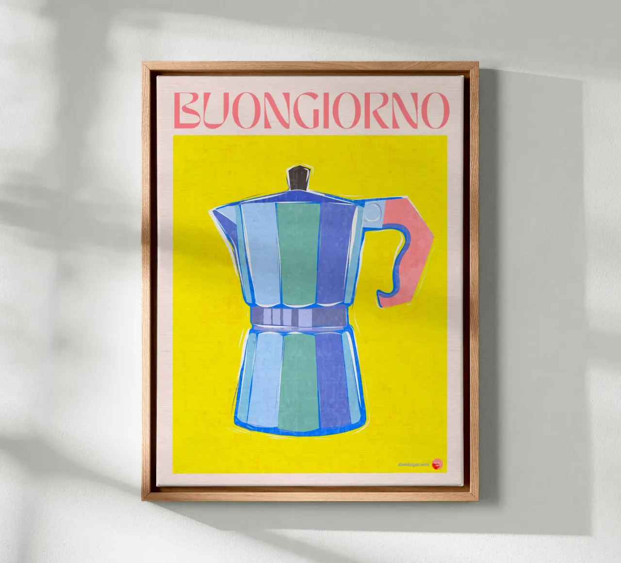 BUONGIORNO Poster caffettiera retrò giallo brillante su blu tela con Cornice a cassetta da Dominique Vari