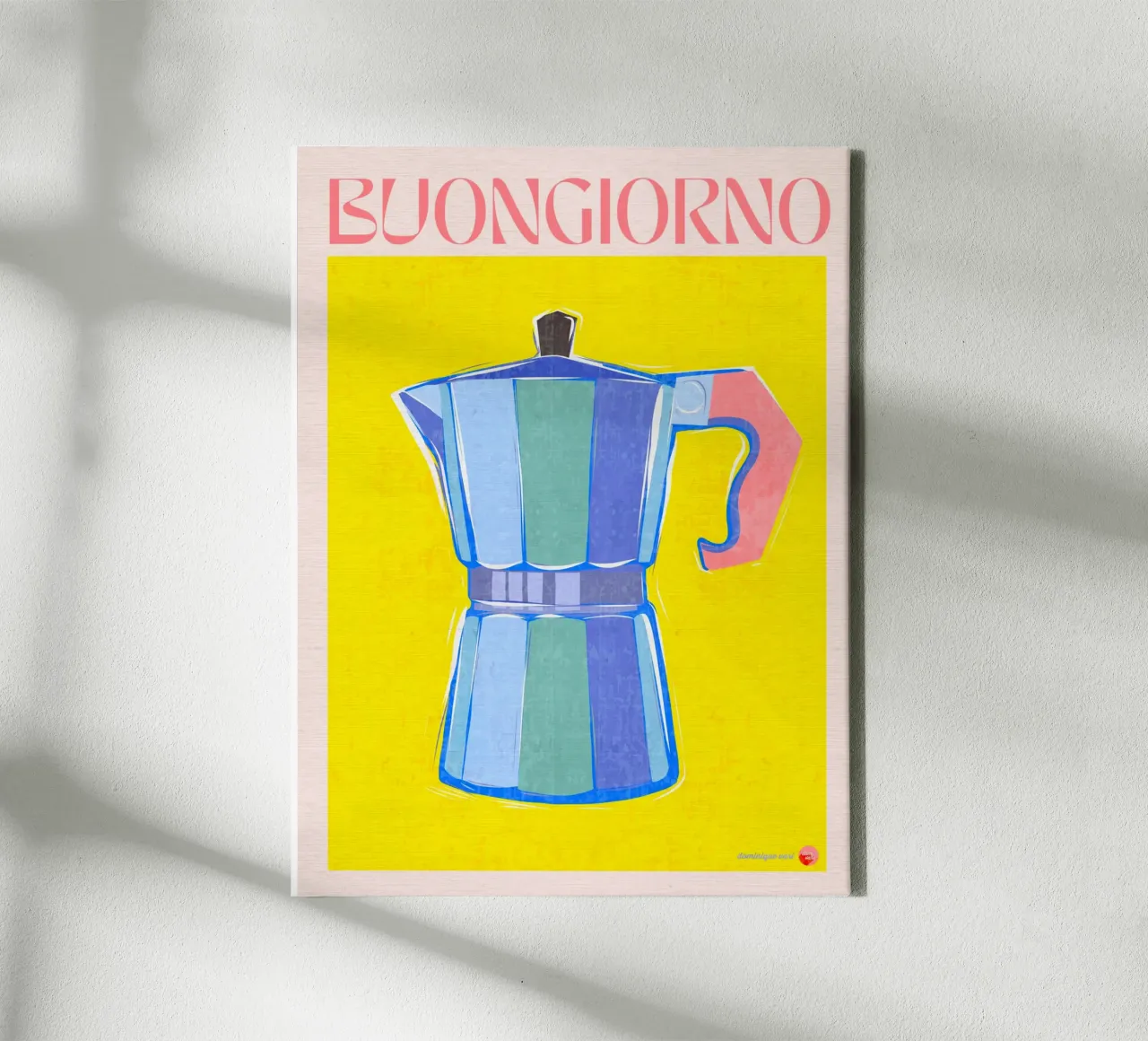 BUONGIORNO Poster caffettiera retrò giallo brillante su blu tela con Cornice a cassetta da Dominique Vari