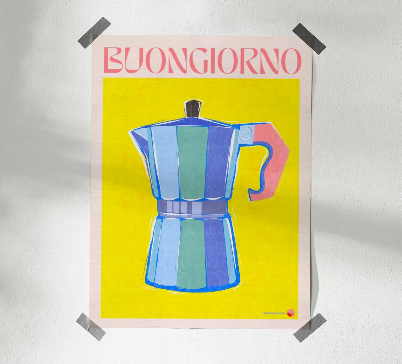 BUONGIORNO Poster caffettiera retrò giallo brillante su blu poster da Dominique Vari