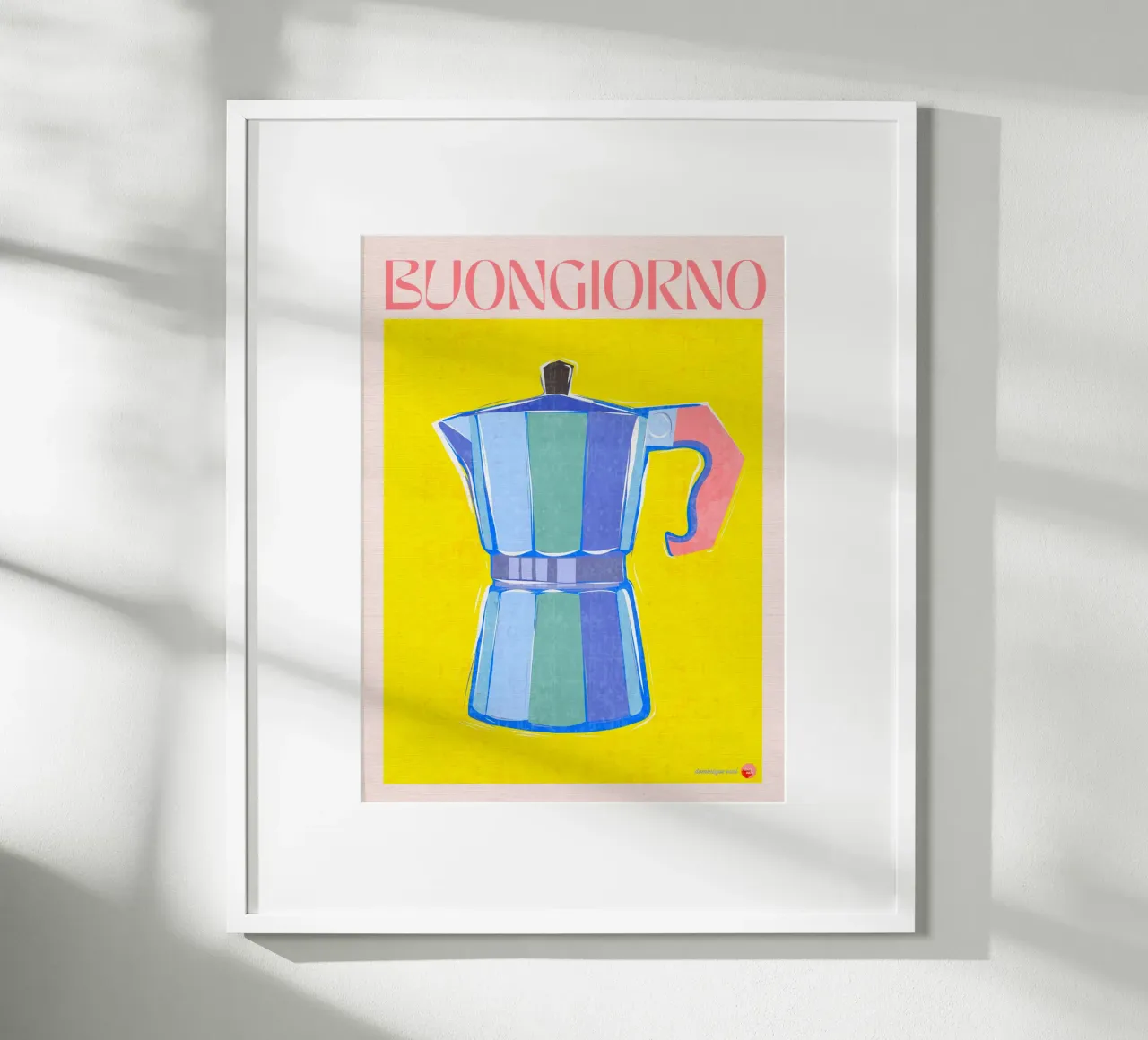 BUONGIORNO Poster caffettiera retrò giallo brillante su blu poster da Dominique Vari