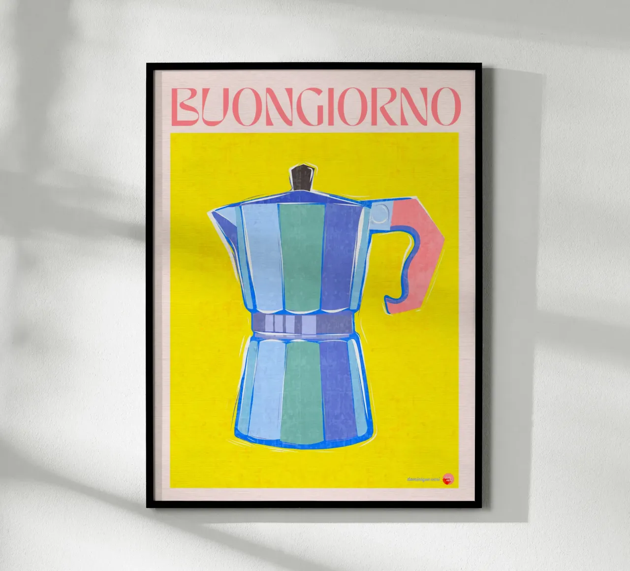 BUONGIORNO Poster caffettiera retrò giallo brillante su blu poster da Dominique Vari
