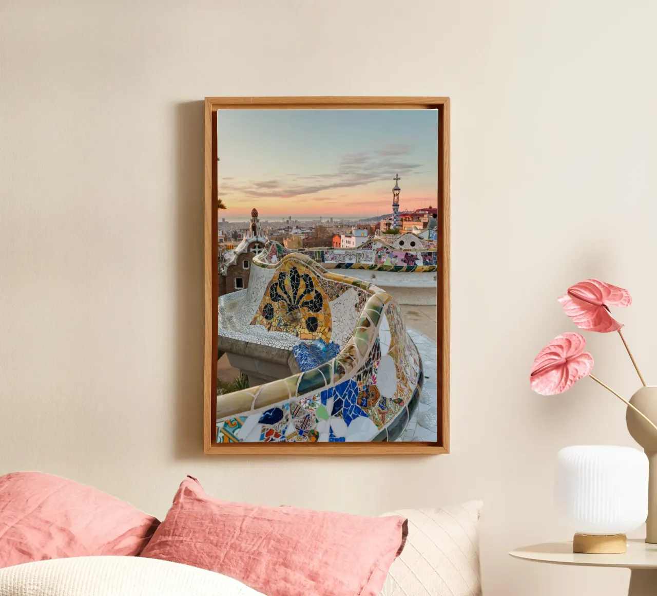 Barcelona Zonsondergang, Reisposter, Spanje Muurkunst canvas met Baklijst van TheTravelClub