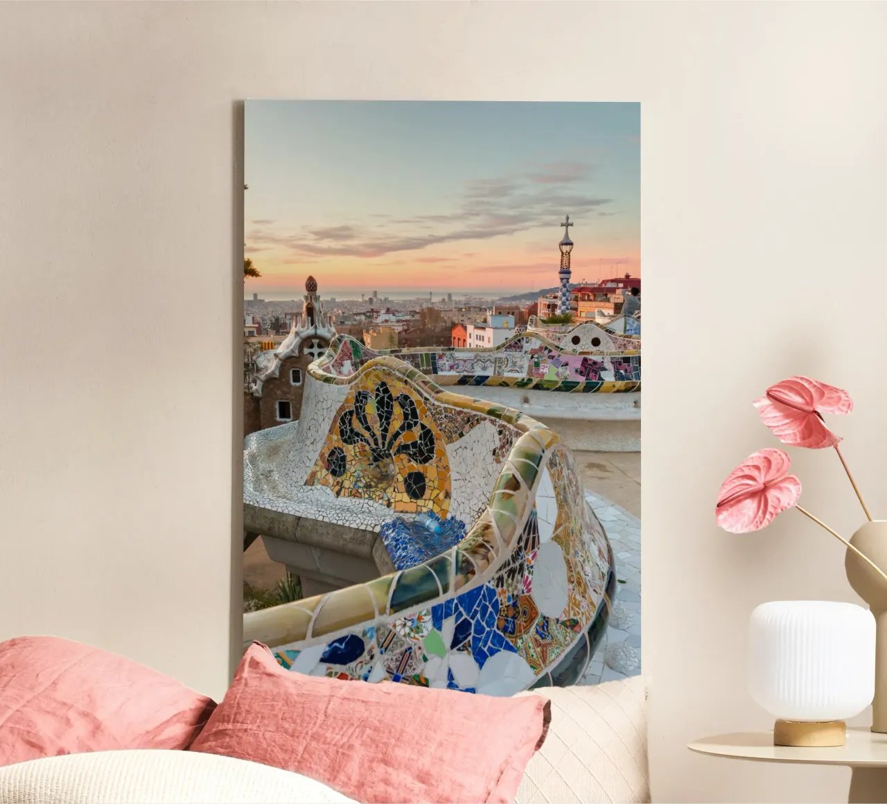 Barcelona Zonsondergang, Reisposter, Spanje Muurkunst canvas met Baklijst van TheTravelClub