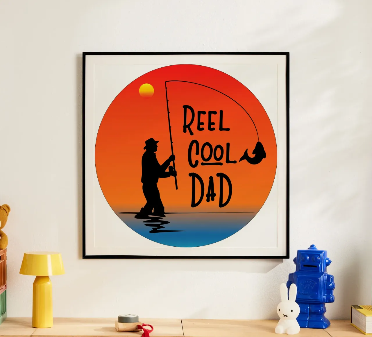 silhouette del papà pescatore poster con telaio in legno da ririedis