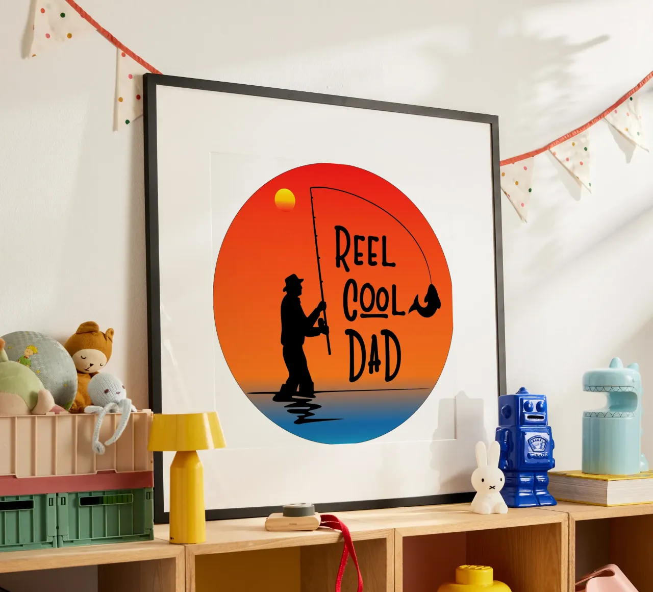 silhouette del papà pescatore poster con telaio in legno da ririedis