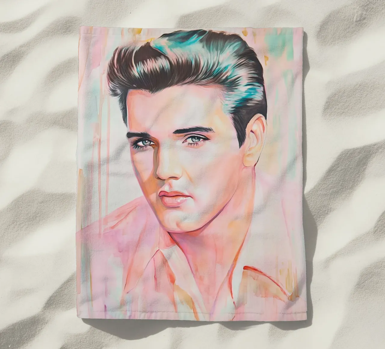 Ritratto Elvis Presley dipinto a pastello telo mare da Carinaprint