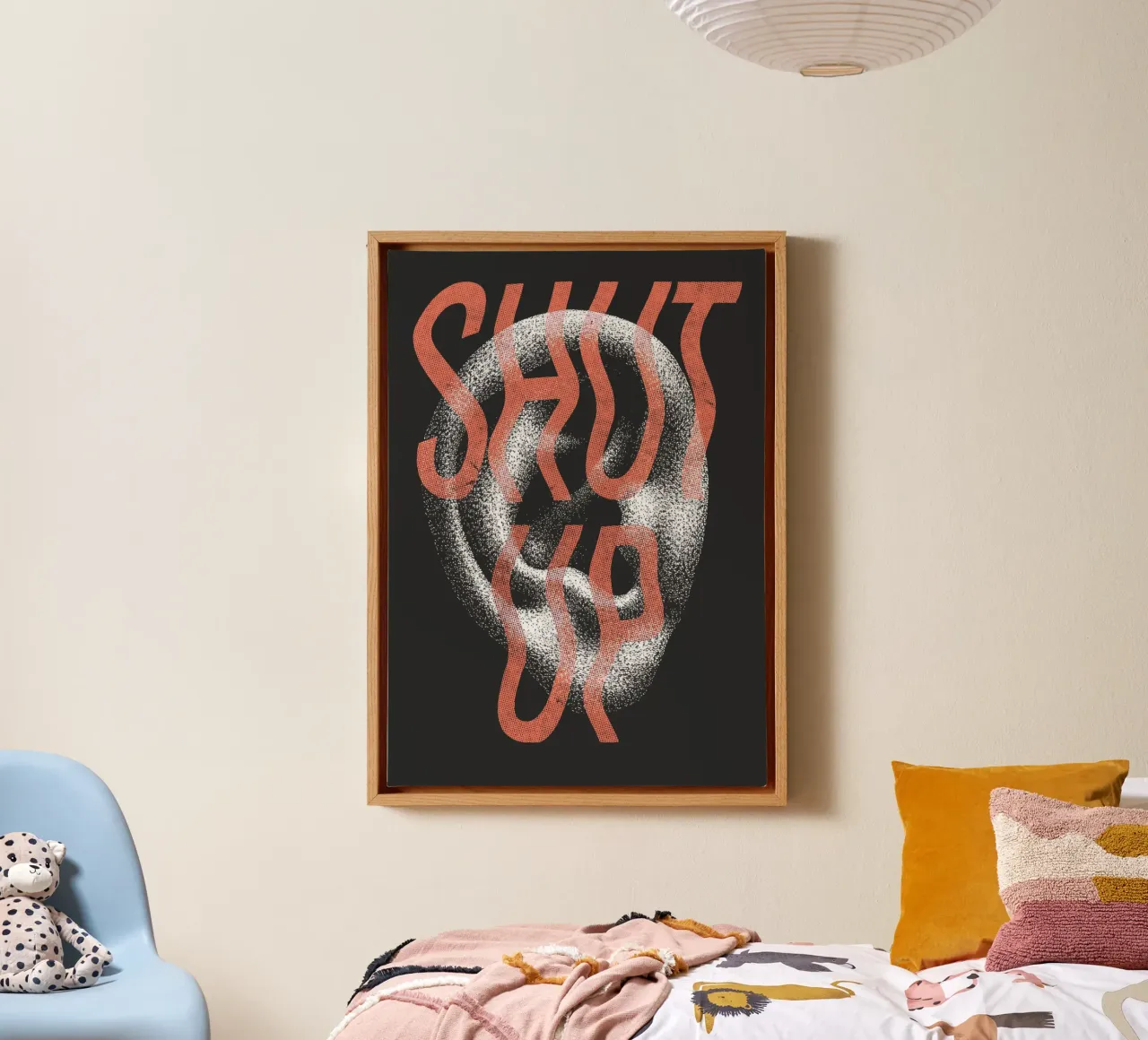 Moderne "Shut Up" Typografie Kunstdruk canvas met Baklijst van Studio Mooodz