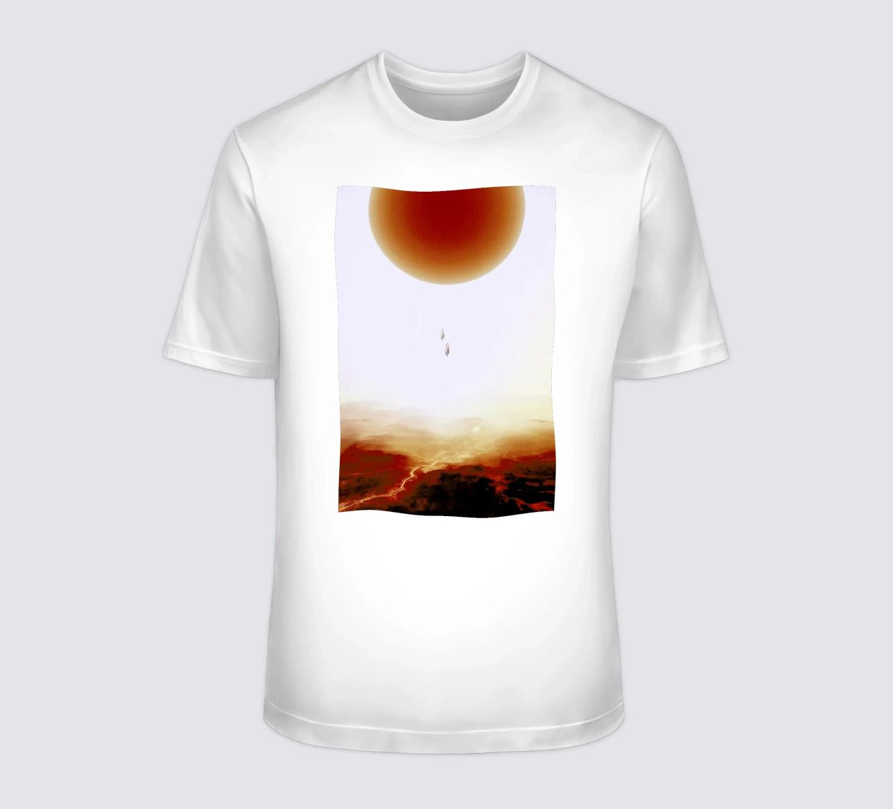 Descent of two skydivers over an alien red desert planet t-shirt da Stoian Hitrov