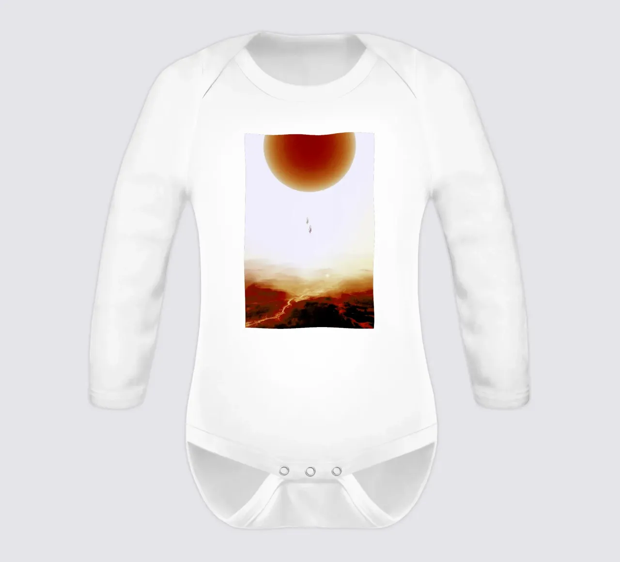 Descent of two skydivers over an alien red desert planet body neonato maniche lunghe da Stoian Hitrov