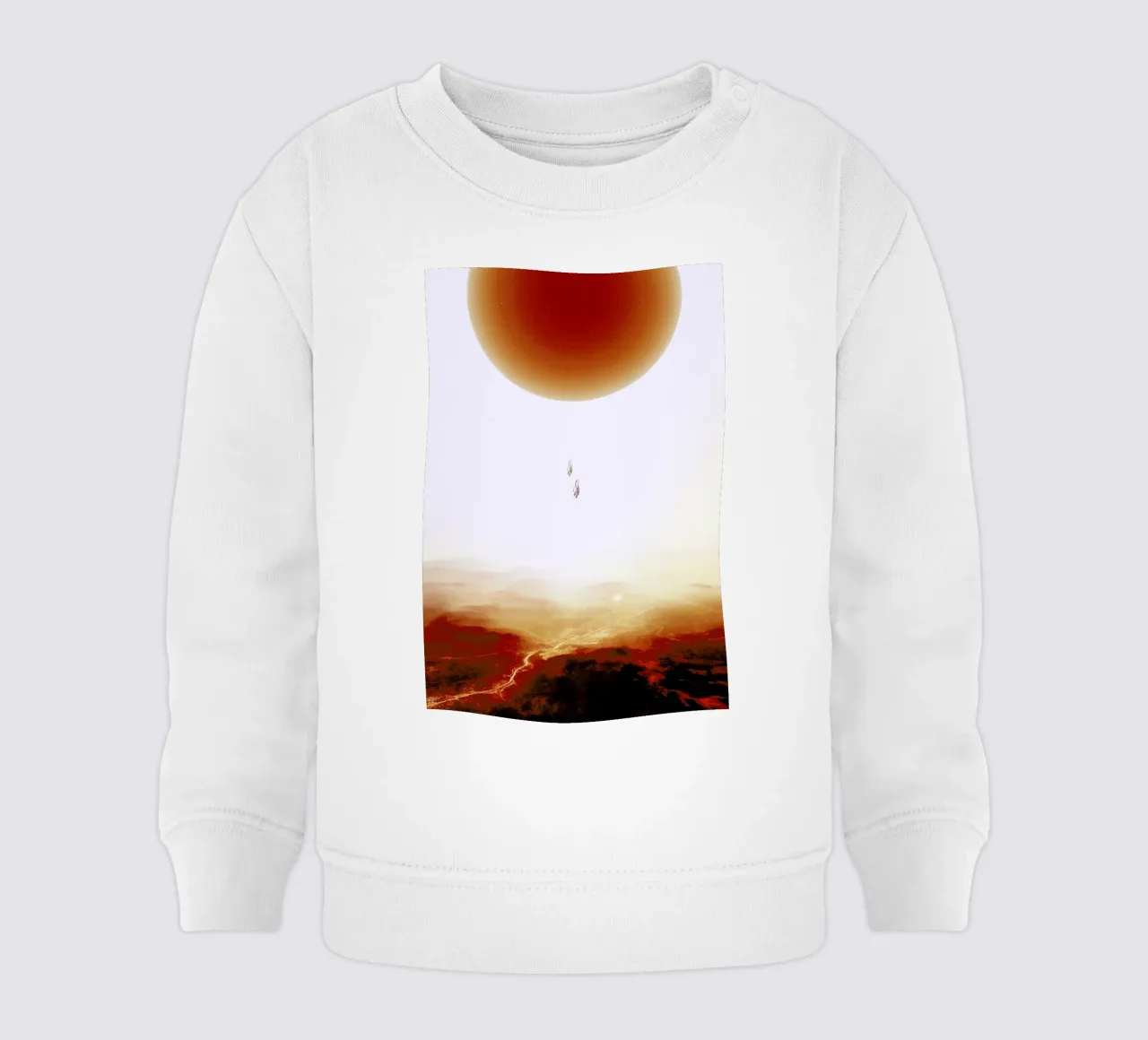 Descent of two skydivers over an alien red desert planet felpa neonato da Stoian Hitrov