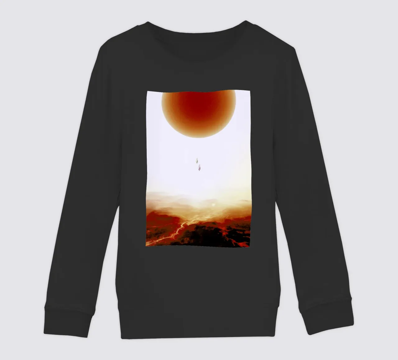 Descent of two skydivers over an alien red desert planet felpa bambino da Stoian Hitrov