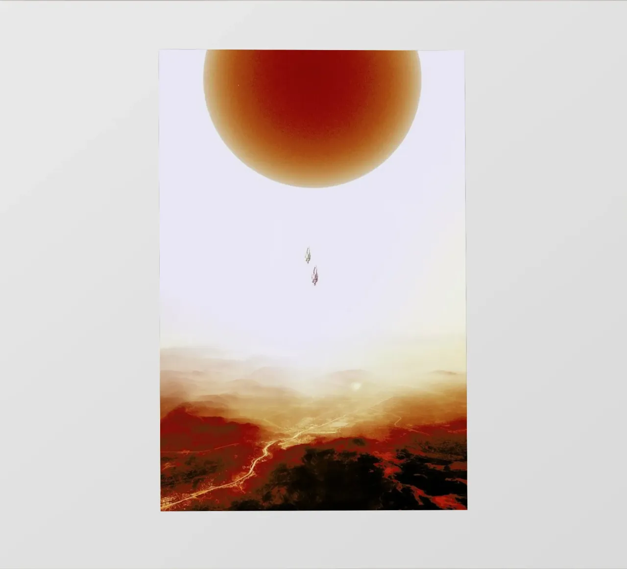 Descent of two skydivers over an alien red desert planet Backlit Folie von Stoian Hitrov