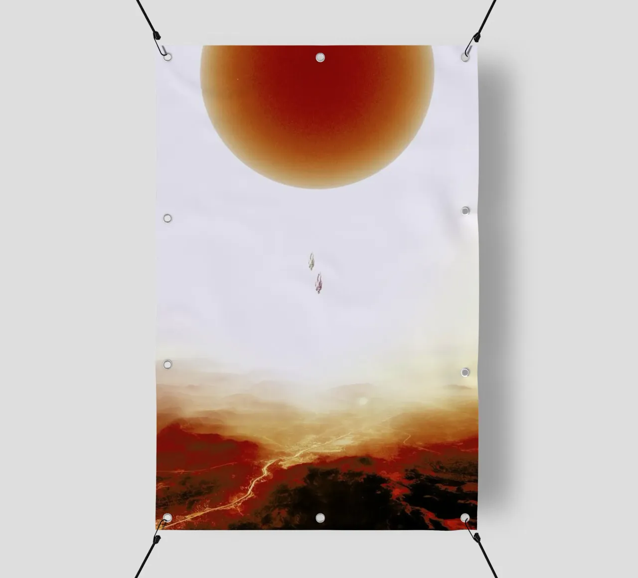 Descent of two skydivers over an alien red desert planet telo in pvc da Stoian Hitrov