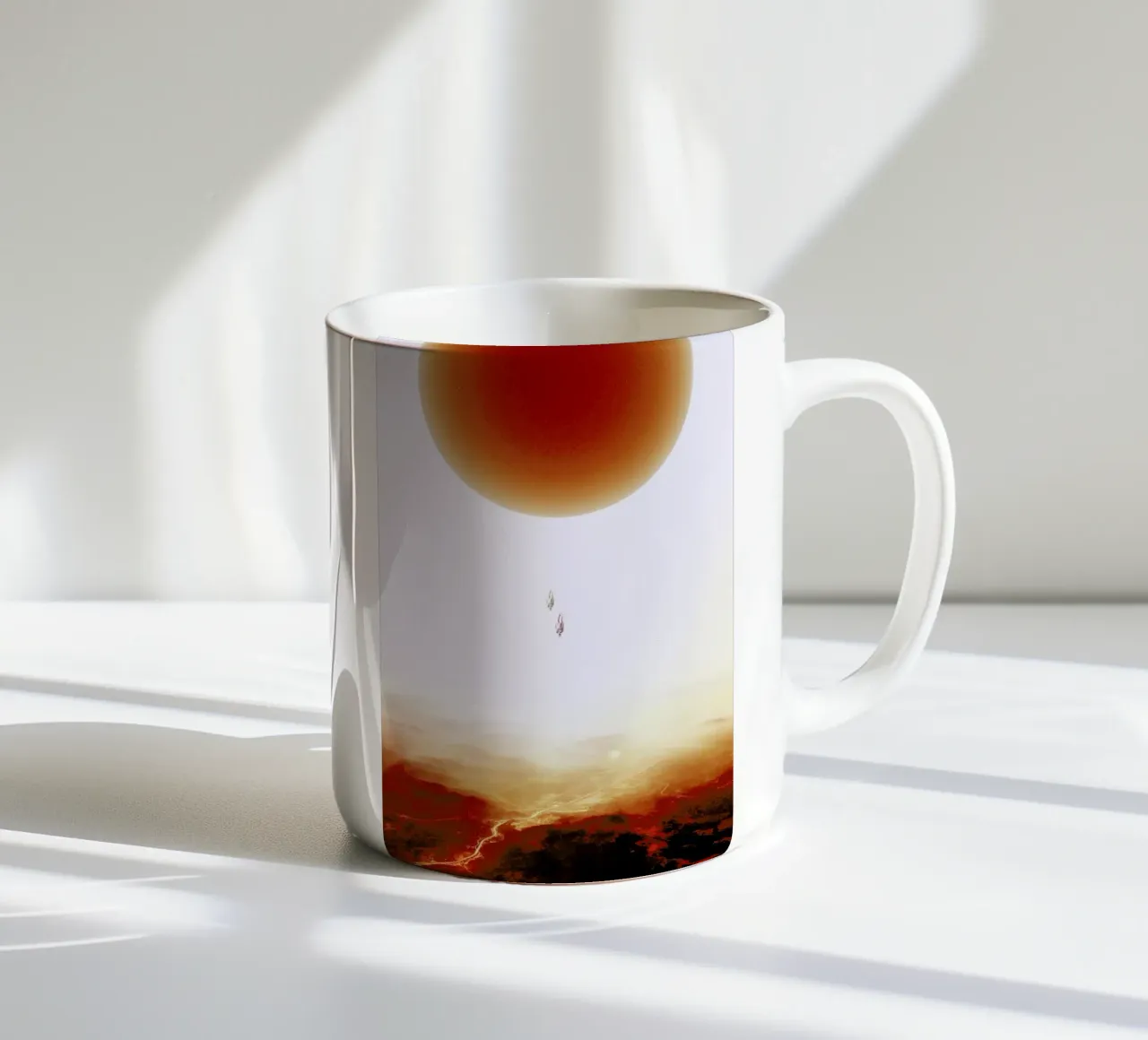 Descent of two skydivers over an alien red desert planet tazza in ceramica da Stoian Hitrov