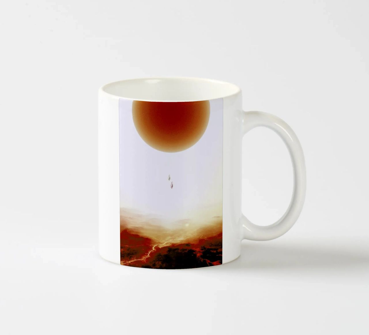 Descent of two skydivers over an alien red desert planet tazza in ceramica da Stoian Hitrov
