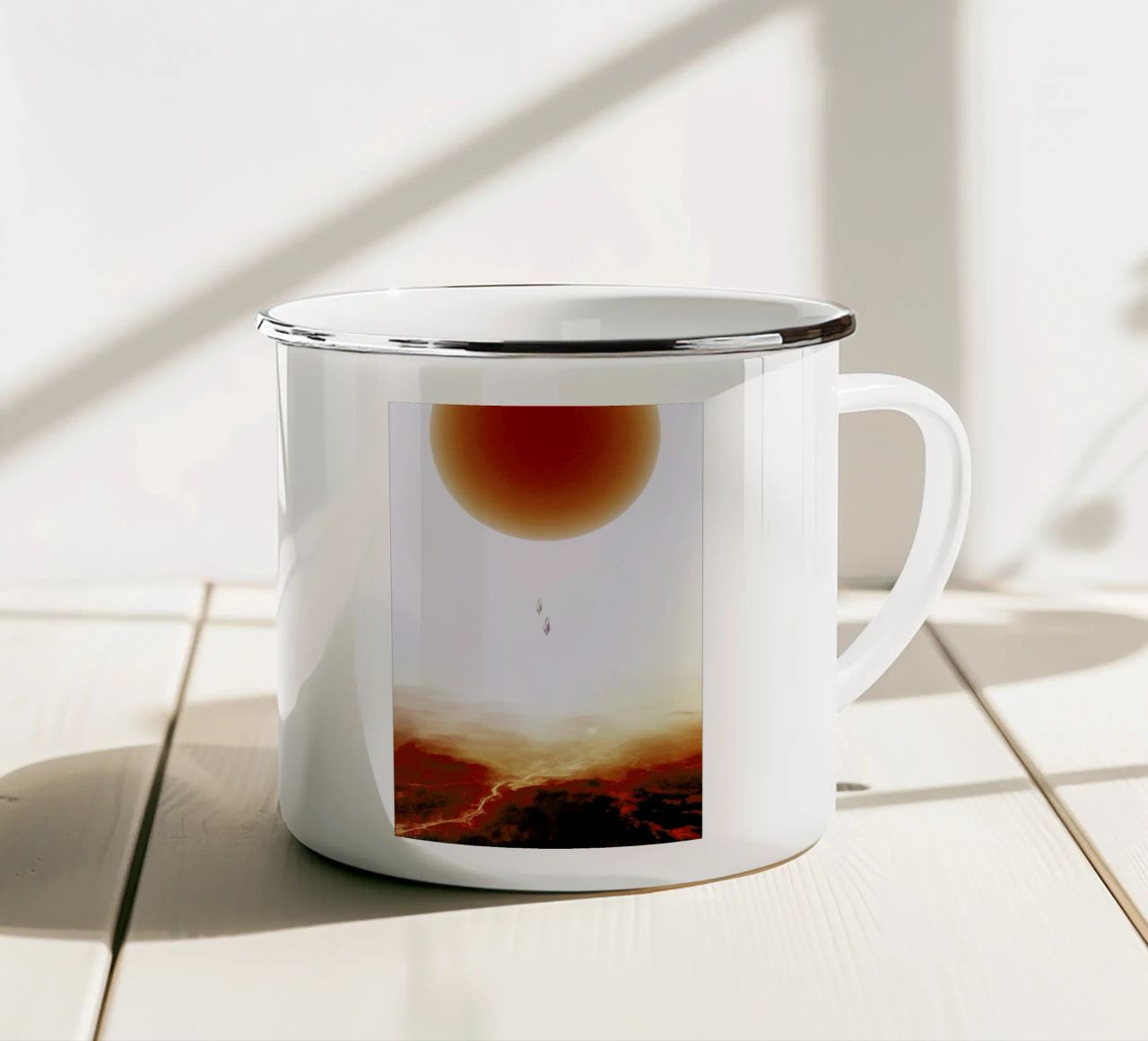 Descent of two skydivers over an alien red desert planet enamel mug by Stoian Hitrov
