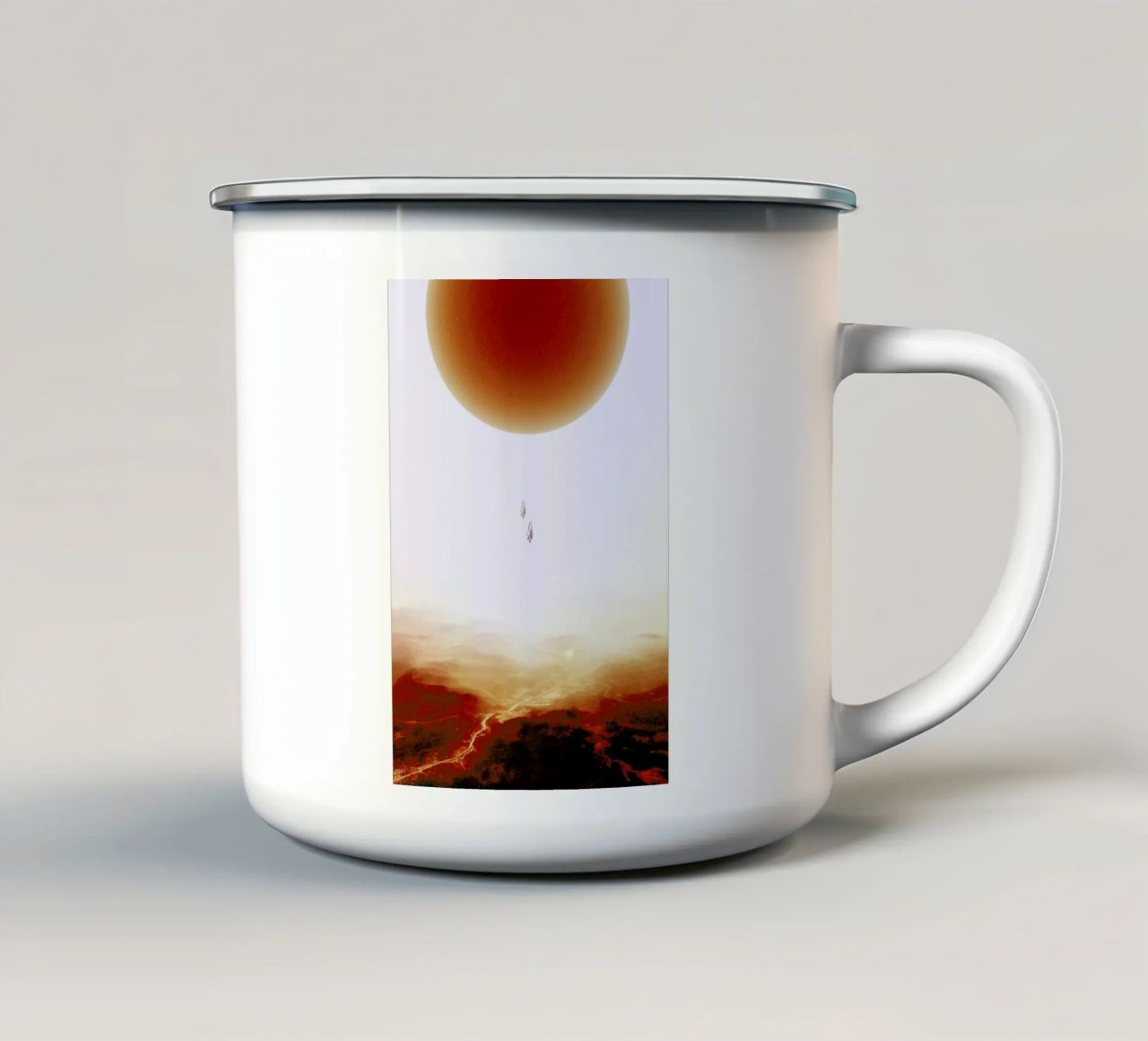 Descent of two skydivers over an alien red desert planet enamel mug by Stoian Hitrov