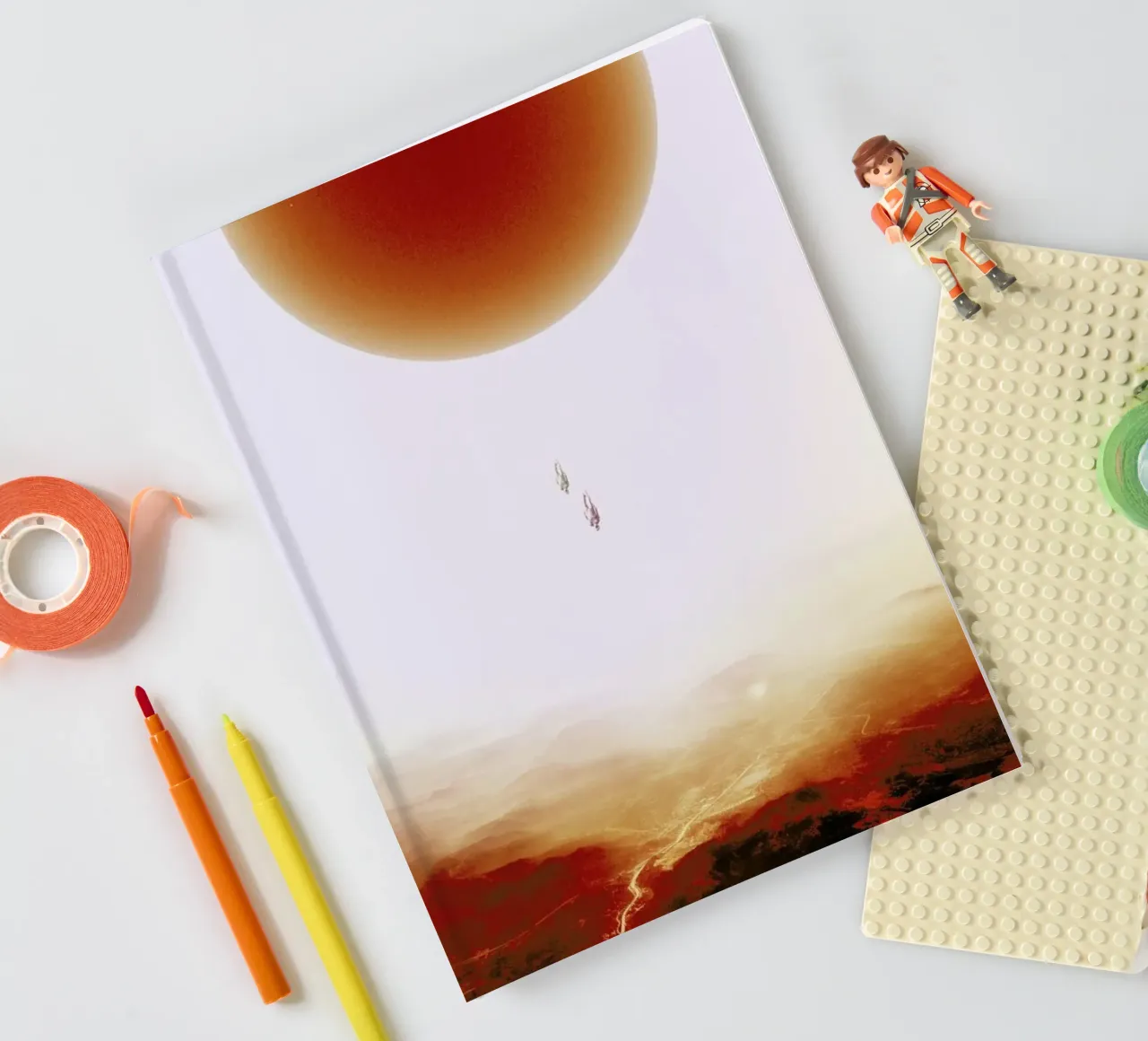 Descent of two skydivers over an alien red desert planet notebook by Stoian Hitrov