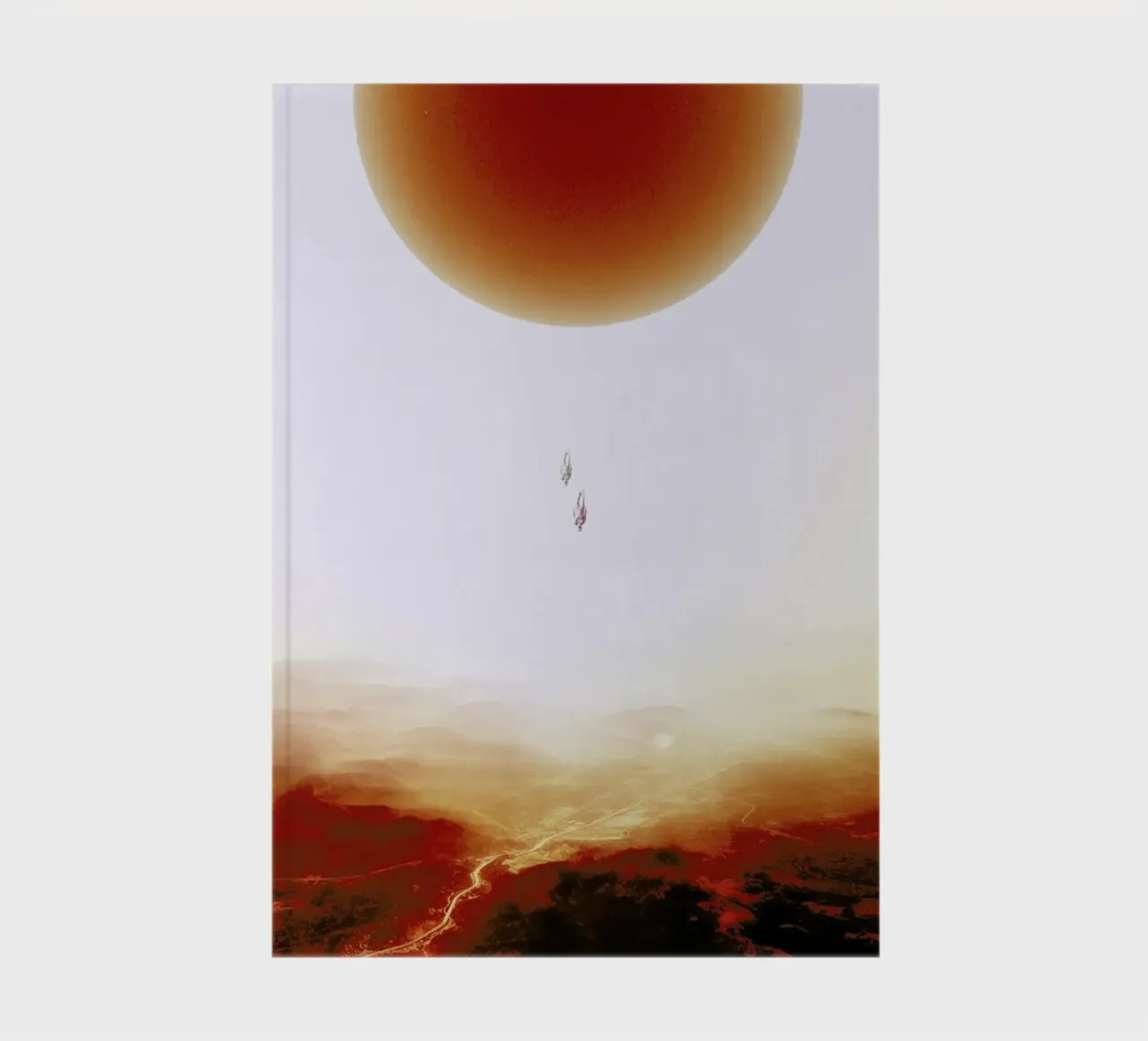 Descent of two skydivers over an alien red desert planet notebook by Stoian Hitrov