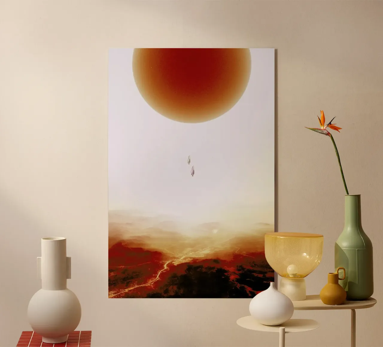 Descent of two skydivers over an alien red desert planet plexiglass da Stoian Hitrov