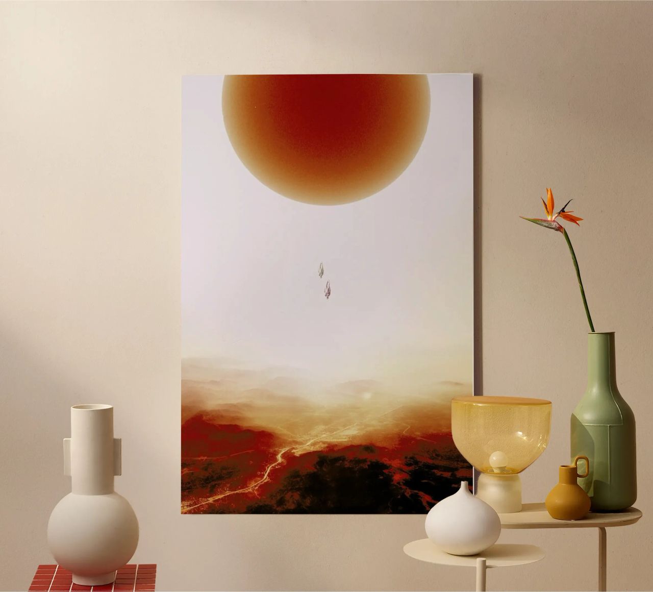 Descent of two skydivers over an alien red desert planet canvas by Stoian Hitrov