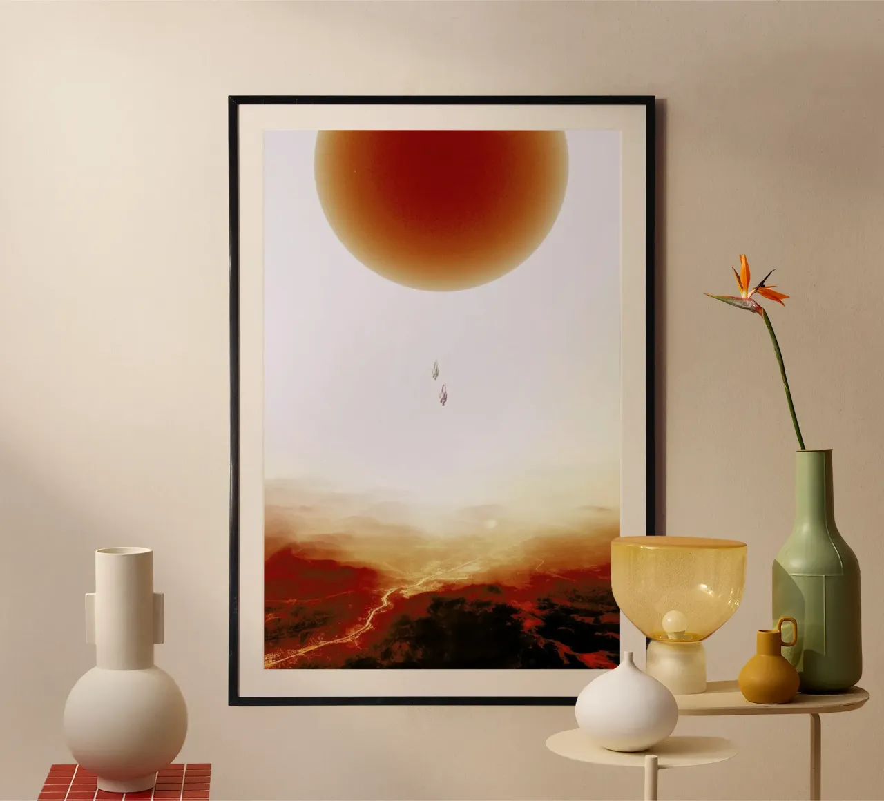 Descent of two skydivers over an alien red desert planet hahnemühle de Stoian Hitrov