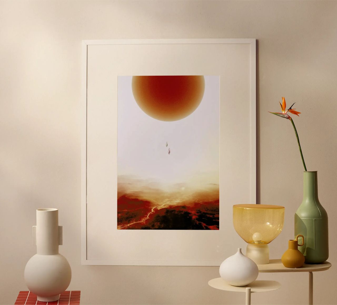 Descent of two skydivers over an alien red desert planet hahnemühle by Stoian Hitrov