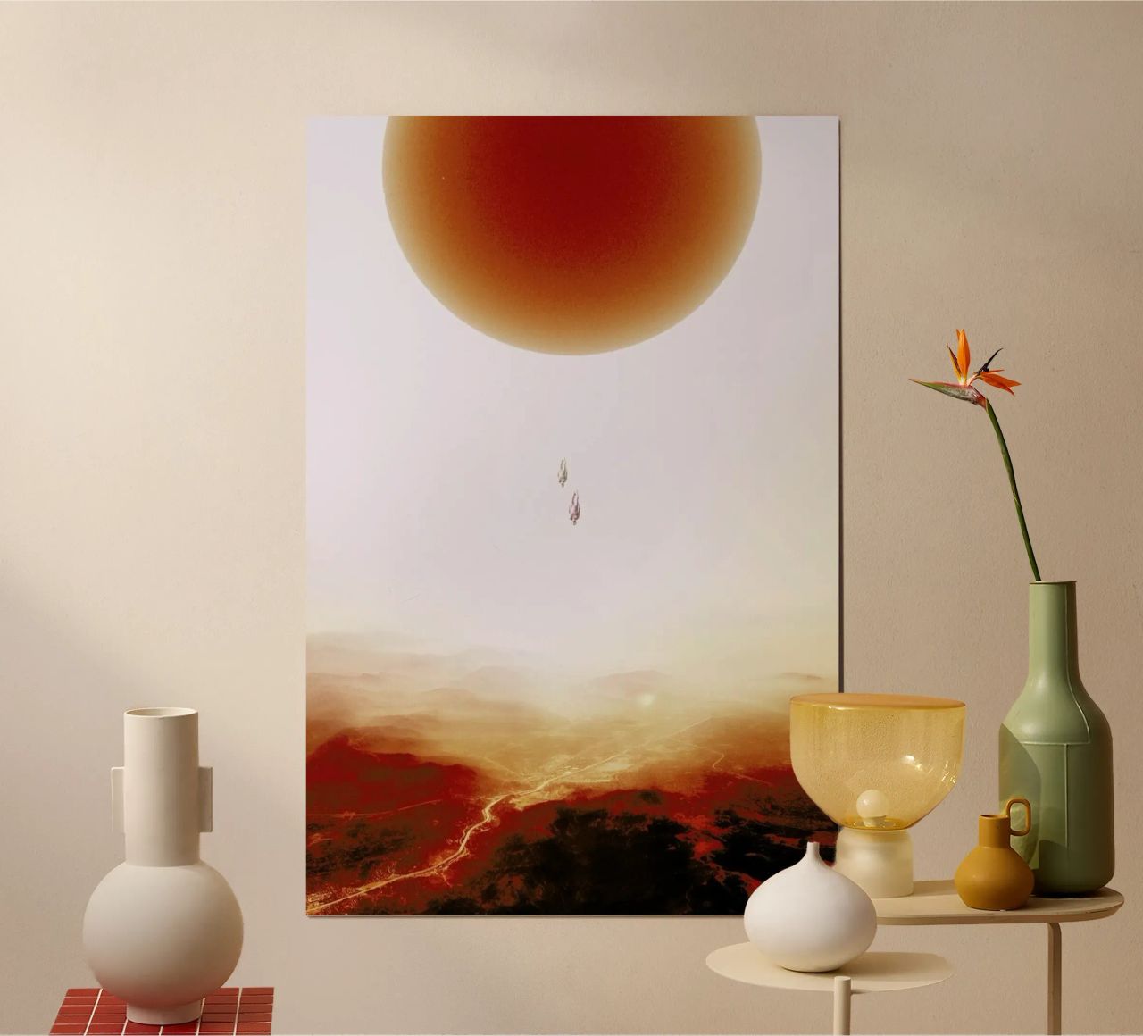 Descent of two skydivers over an alien red desert planet hahnemühle by Stoian Hitrov