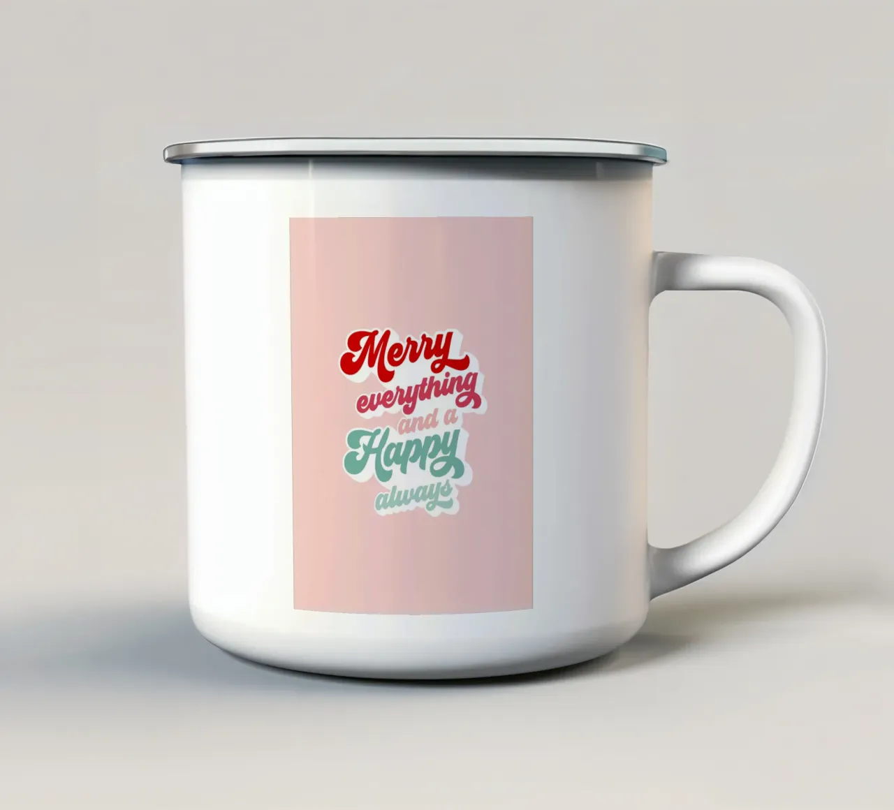Saluti natalizi retrò 'MERRY EVERYTHING' su rosa tazza in smalto da Dominique Vari Words