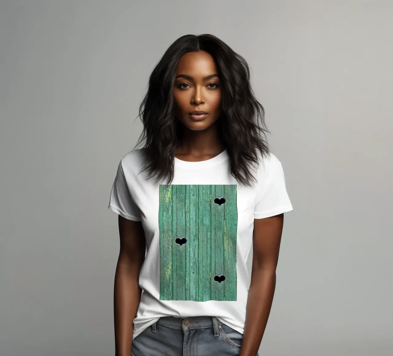 Un tocco d'amore rustico - Porta in legno con ritagli di cuore t-shirt da donna da Curious Collections by Marielle Leenders
