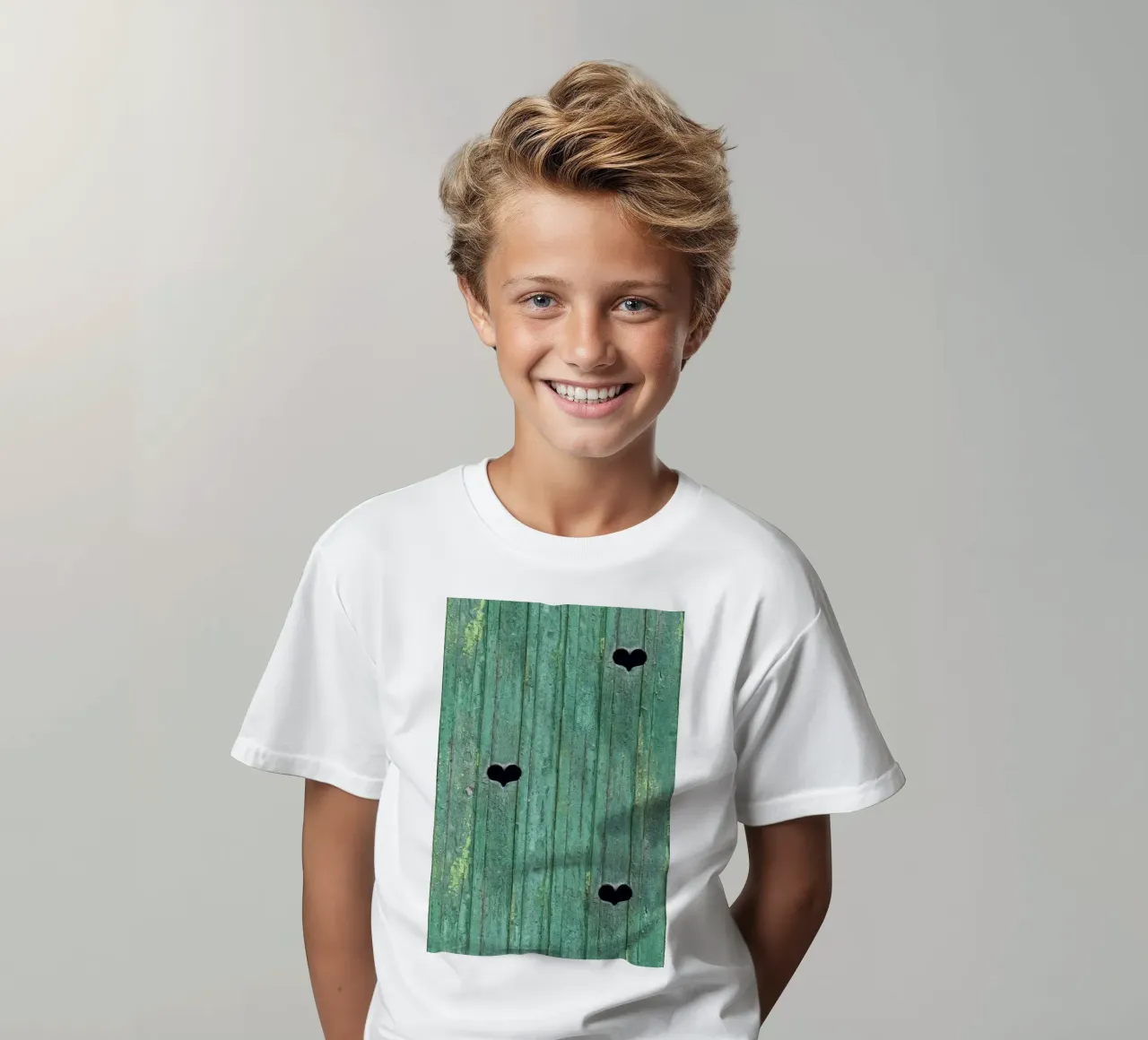 Un tocco d'amore rustico - Porta in legno con ritagli di cuore t-shirt bambini da Curious Collections by Marielle Leenders