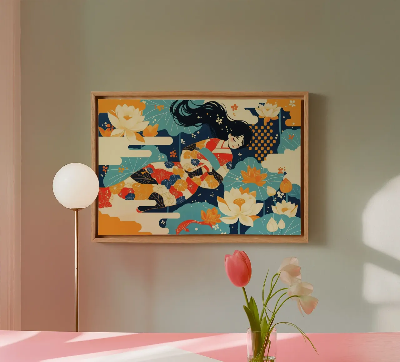 Japandi Droom van een vrouw in de lotusvijver canvas met Baklijst van Autofocus