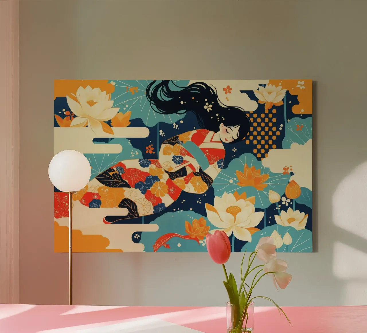 Japandi Droom van een vrouw in de lotusvijver canvas met Baklijst van Autofocus