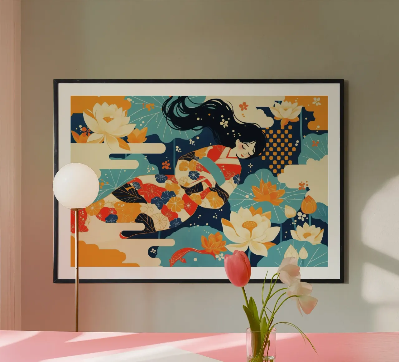 Giappone Sogno di una donna nello stagno di loto poster con telaio in plastica da Autofocus