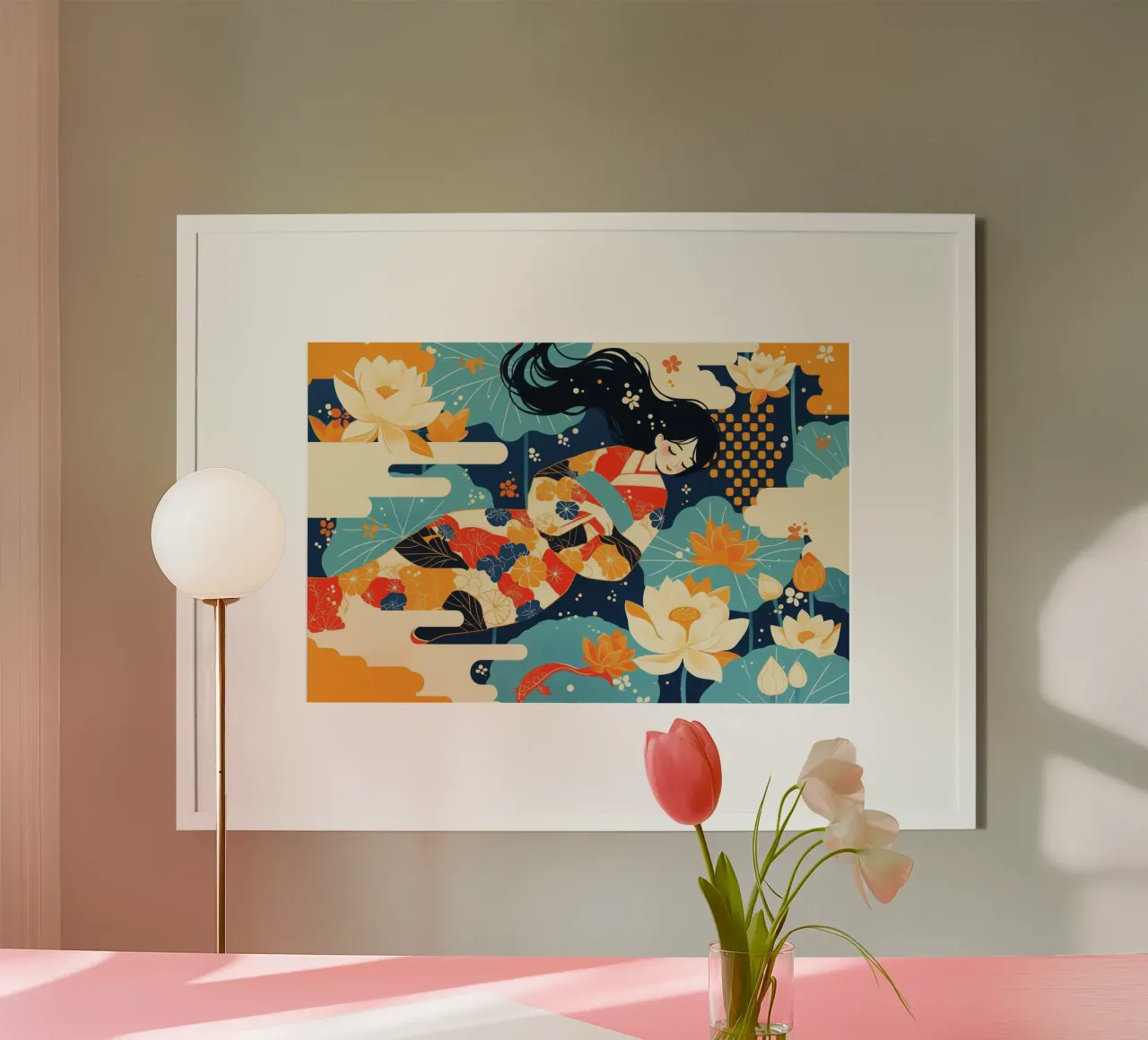 Giappone Sogno di una donna nello stagno di loto poster con telaio in plastica da Autofocus
