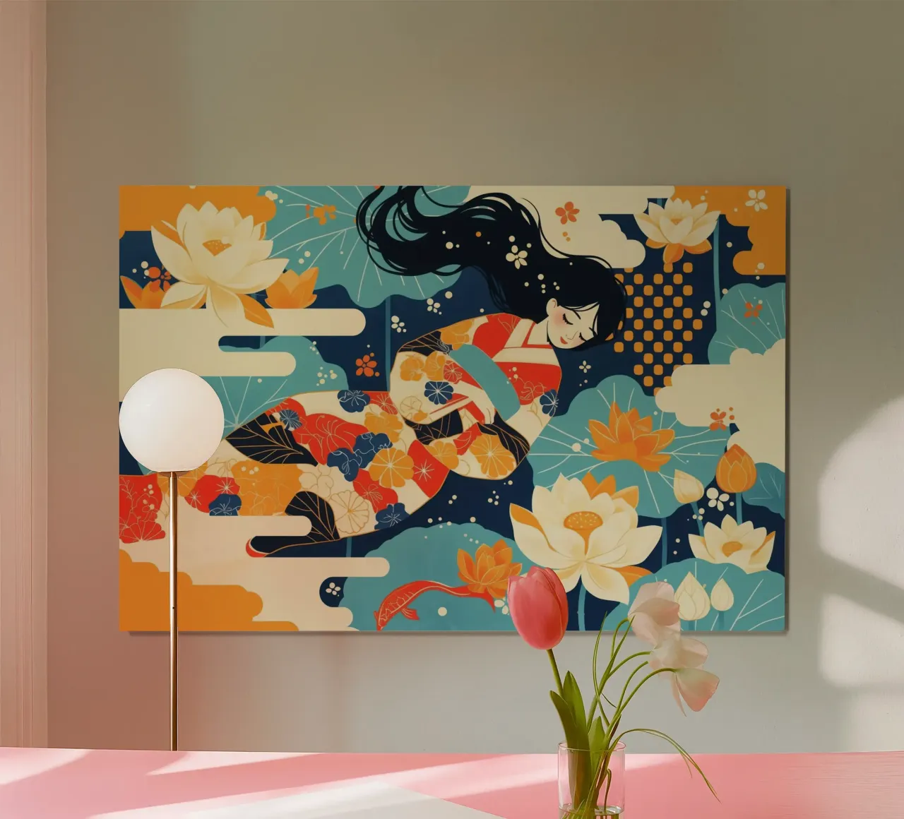 Giappone Sogno di una donna nello stagno di loto poster con telaio in plastica da Autofocus