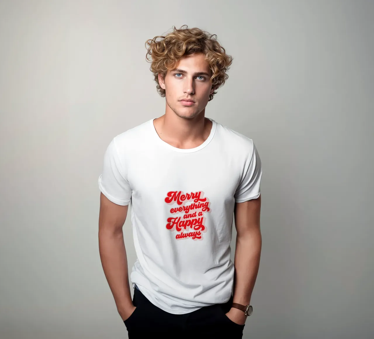 Retro Holiday Greetings 'MERRY EVERYTHING' Red on White t-shirt da Dominique Vari Words