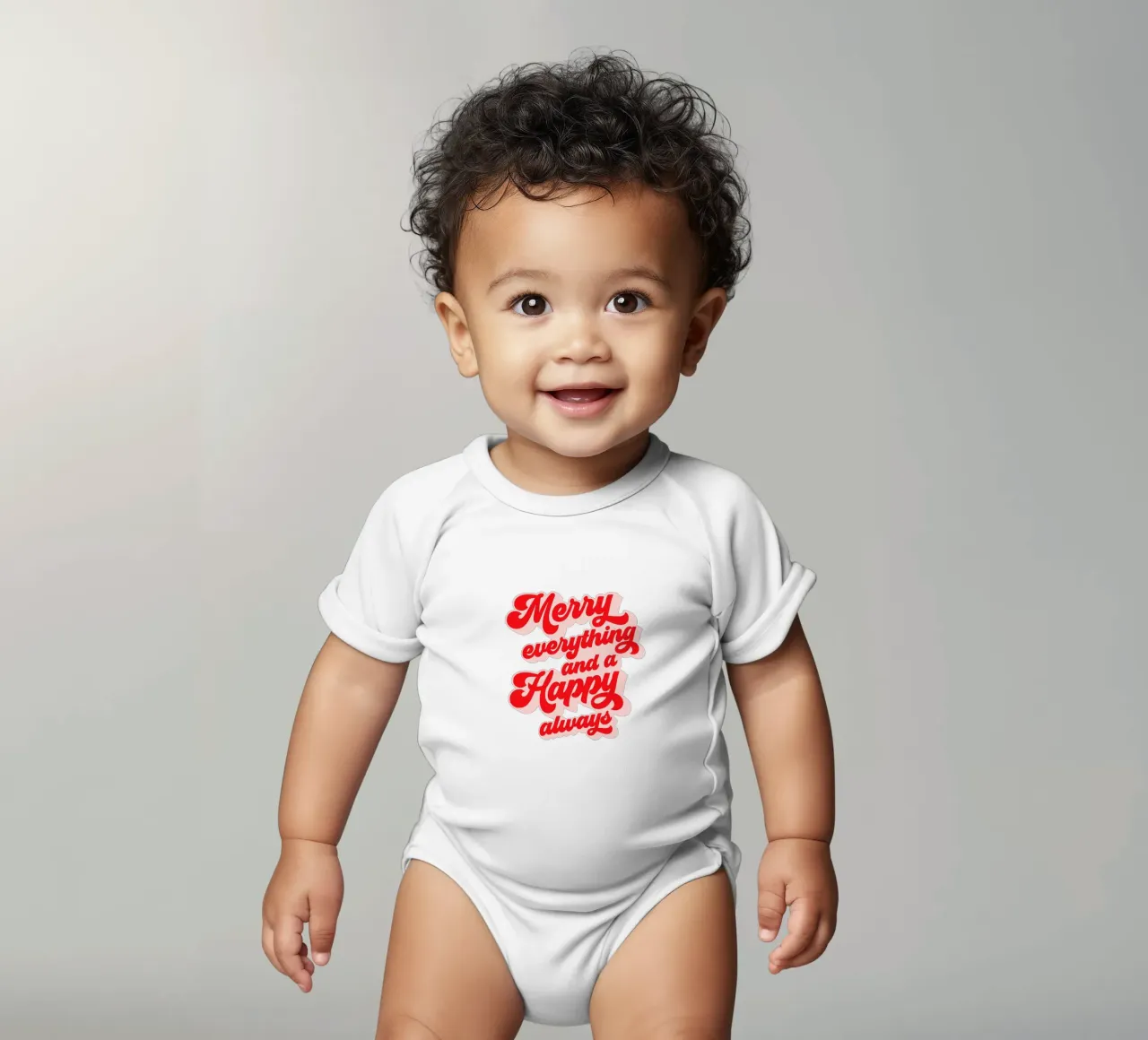 Retro Holiday Greetings 'MERRY EVERYTHING' Red on White body neonato maniche corte da Dominique Vari Words