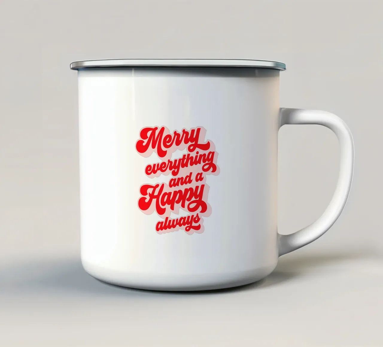 Retro Holiday Greetings 'MERRY EVERYTHING' Red on White tazza in smalto da Dominique Vari Words