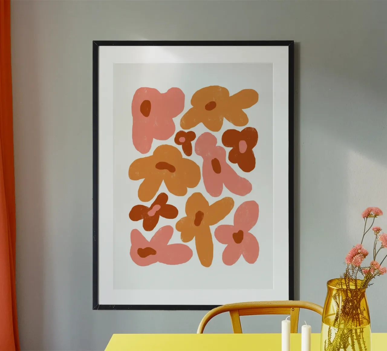 Florale Botanische Kunstdruk, Heldere Abstracte Bloem poster met houten frame van pdigitalprints