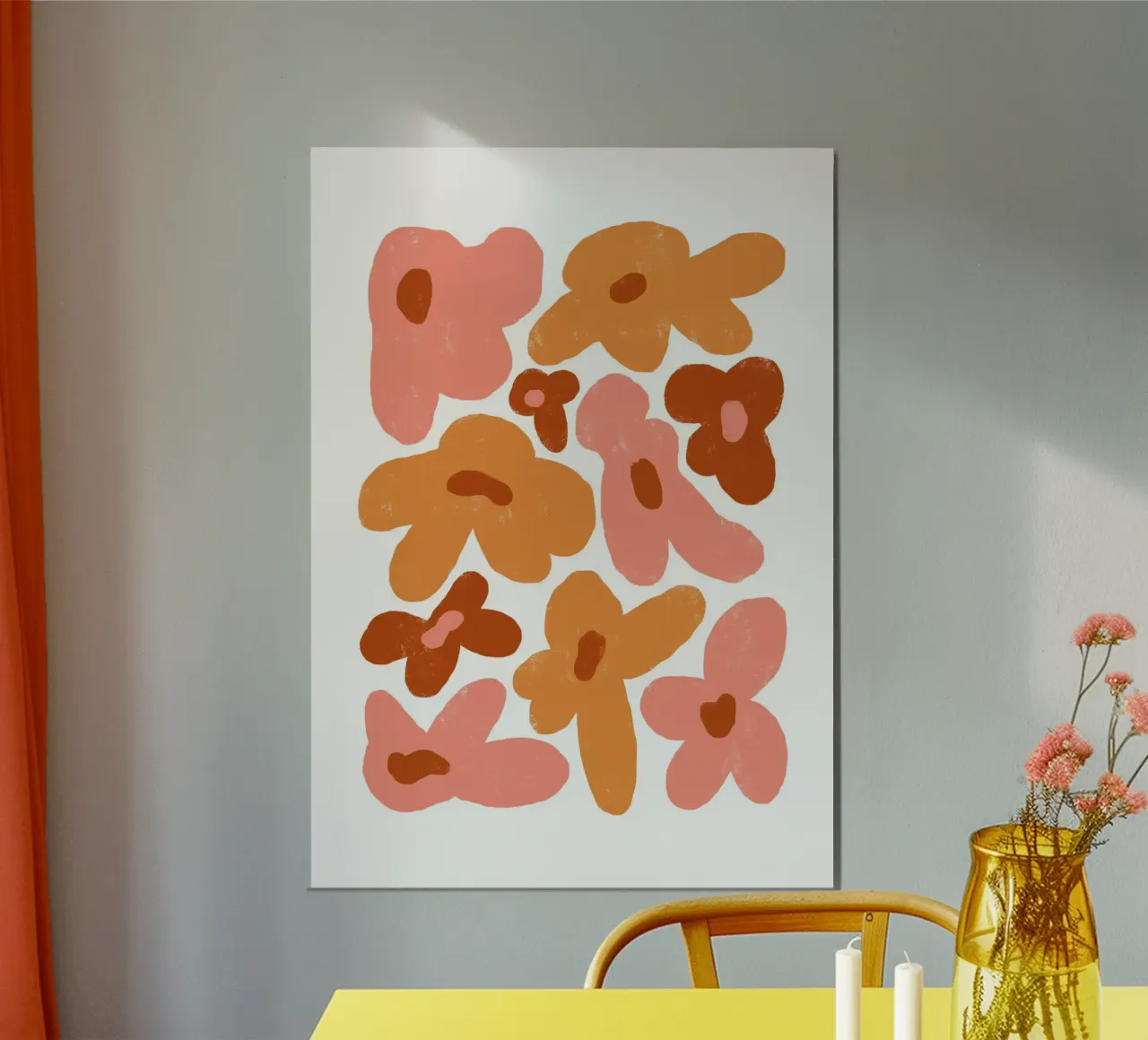 Florale Botanische Kunstdruk, Heldere Abstracte Bloem poster met houten frame van pdigitalprints