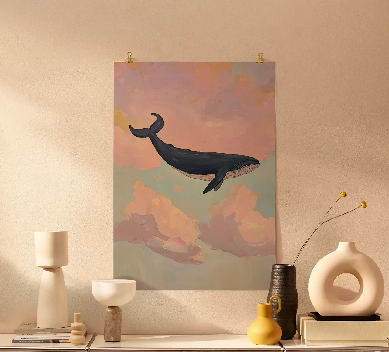 Balena Nuvole Preppy Rosa poster con telaio in plastica da Euphoria Theresa
