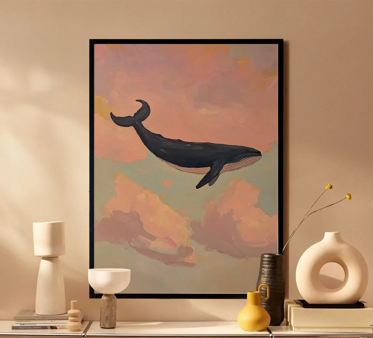 Balena Nuvole Preppy Rosa poster con telaio in plastica da Euphoria Theresa