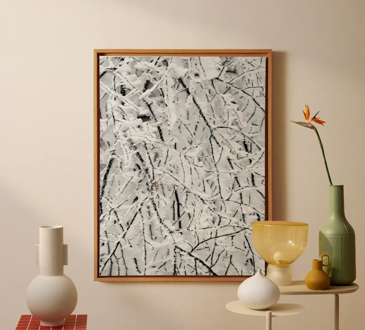 Snow-covered branches - Winter structural art canvas with Floater frame by Whole©
